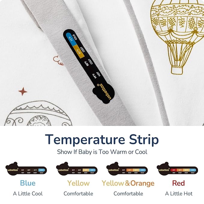 Baby Sleep Sack 18–24 Months, Cotton Sleep Sack with Detachable Long Sleeves, 1.0 TOG Wearable Blanket for Cooler Nights, 2-Way Zipper Toddler Sleeping Sack with Temperature Strip, Hot Air Balloon