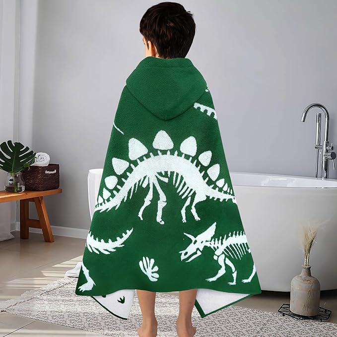 VOOVA & MOVAS Dinosaur Hooded Bath Towels for Kids (3-10Years,30"x53"),Soft Cotton Thick Absorbent Towel Wrap for Toddler Boys,Perfect for Bathroom | Pool | Swimming, Jacquard Green Dino