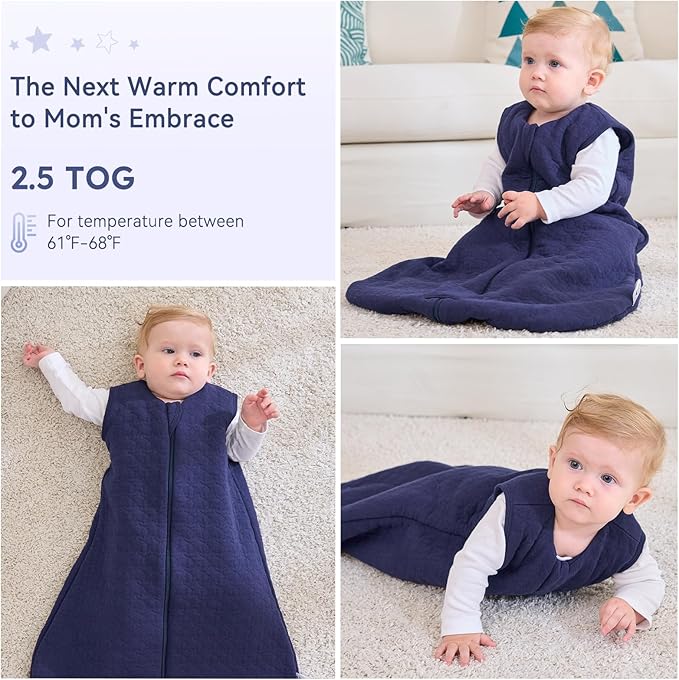 Unnivoll Baby Sleep Sack 6-12 Months TOG 2.5 Winter Baby Wearable Blanket, 100% Cotton Fabric Newborn Infant Sleeping Sack 2-Way Zipper Quilted Baby Sleep Bag, Warm Soft Navy Blue