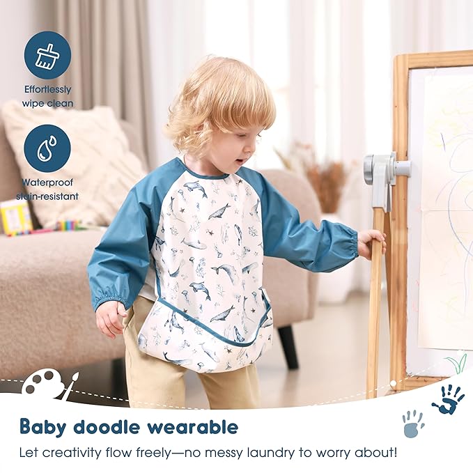 GRSSDER 2 Pack Long Sleeve Baby Feeding Bibs, Soft Waterproof Coverall Baby Led Weaning Bib with Large Food Catcher Pocket