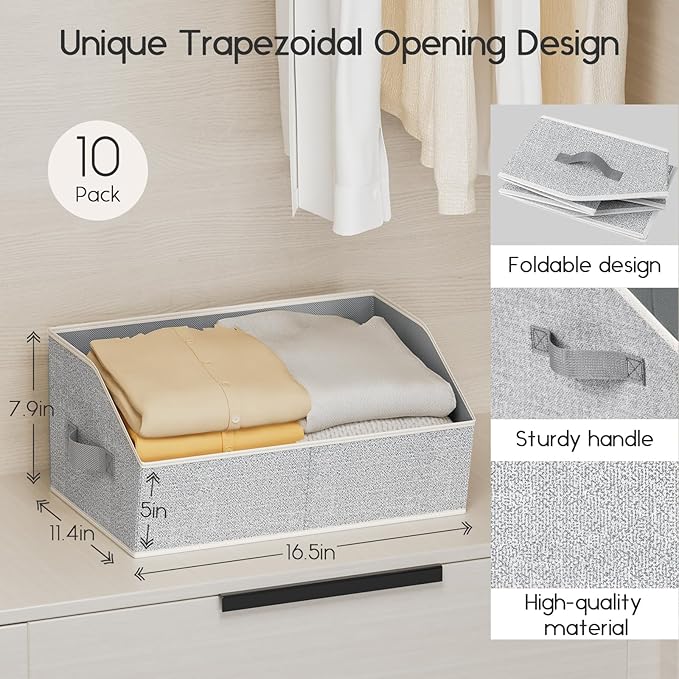 Large Closet Organizers and Storage Bins - 10 Pack Trapezoid Storage Baskets for Shelves, Foldable Fabric Baskets with Handles Ideal for Closet, Basket, Wardrobe and Shelf Storage, Beige
