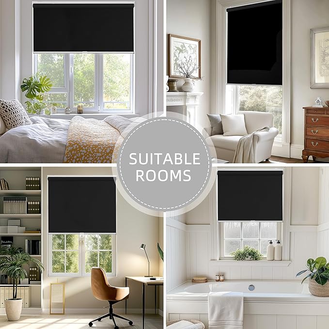 ChrisDowa Cordless Free-Stop 100% Blackout Blinds for Windows, Roller Windows Shades with Thermal Insulated, UV Protection Fabric for Living Room, Office and Home. Easy to Install.Black,26" W X 72" H