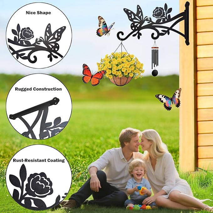 4 Pack Plant Hanger Hook,12in Heavy Duty Hanging Basket Hooks, Metal Plant Wall Hanger with Butterfly Pattern,Plant Bracket for Outdoor or Indoor Hanging Plants,Bird Feeder,Lantern,Home Decor
