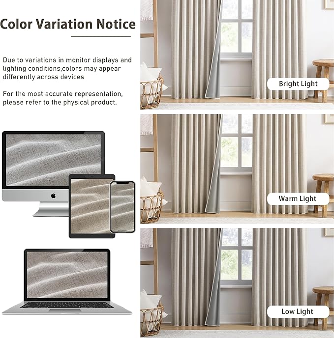 RAIN CITY Linen Beige Linen Blackout Curtains 96 Inches Long 8 FT Tall 2 Panels, Modern Decorative Sound/Draft/Cold/Warm Blocking Heavy Thermal Rustic Country Curtains for Living Room 50x96-in