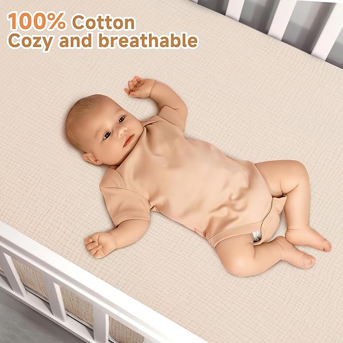 Pro Goleem Muslin Crib Sheets, 100% Cotton Crib Sheets for Boy Girl, 2 Pack Breathable Soft Neutral Baby Bed Sheets Set, Fits Standard Crib Mattress & Toddler Mattress 52"x28", (Brown＆Beige)
