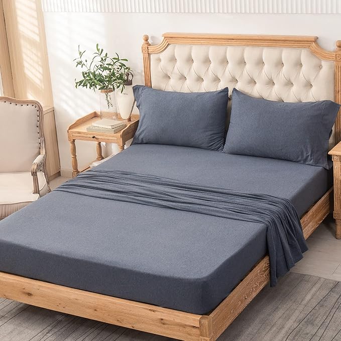 PURE ERA Jersey Knit 4pc Bed Sheet Set 100% T-Shirt Heather Cotton Super Soft Comfy Breathable Fits Mattress Up to 15" Extra Deep Pocket (Heather Navy Blue, Twin)
