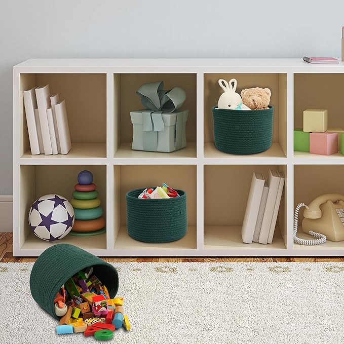 Woven Cotton Storage Baskets - 3-Pack Round Bins (10x10x7'') for Shelves, Closets & Bookcases | Durable Rope Organizers for Nursery, Baby, Toys, Easter & More (dark green)