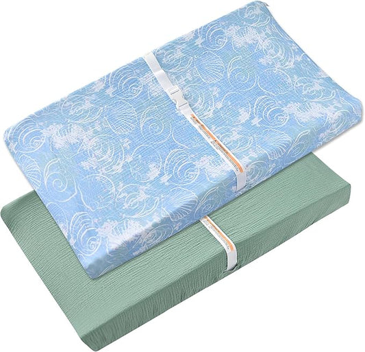 Changing Pad Cover for Baby Girls Boys - 100% Organic Cotton Muslin Changing Pad Sheets with Secure 360° Elastic Fit, Ultra-Soft for Delicate Skin, 2 Pack