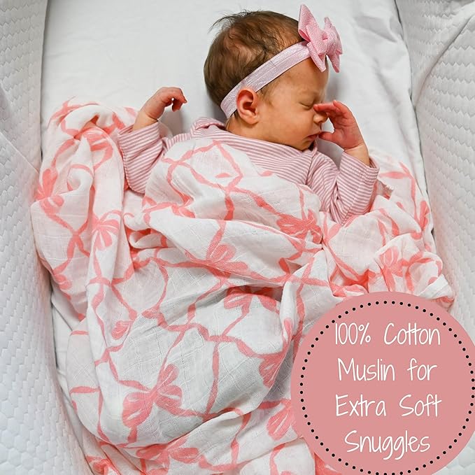 LollyBanks Muslin Swaddle Blankets 2PACK, 100% Cotton Baby Blanket 47 x 47 Inches, Large Baby Swaddle Breathable, Muslin Blankets for Girls (Pink Bow and Chinoiserie Print)