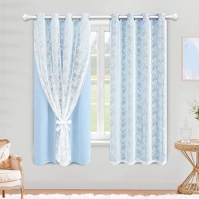 Yinhua Double Layer Blackout Curtains for Bedroom Blue Curtains for Living Room 84 Inch Length 2 Panels Set Kid Curtain with Tiebacks, Grommet Drapes with Floral Sheer Overlay, 52" W x 63" L