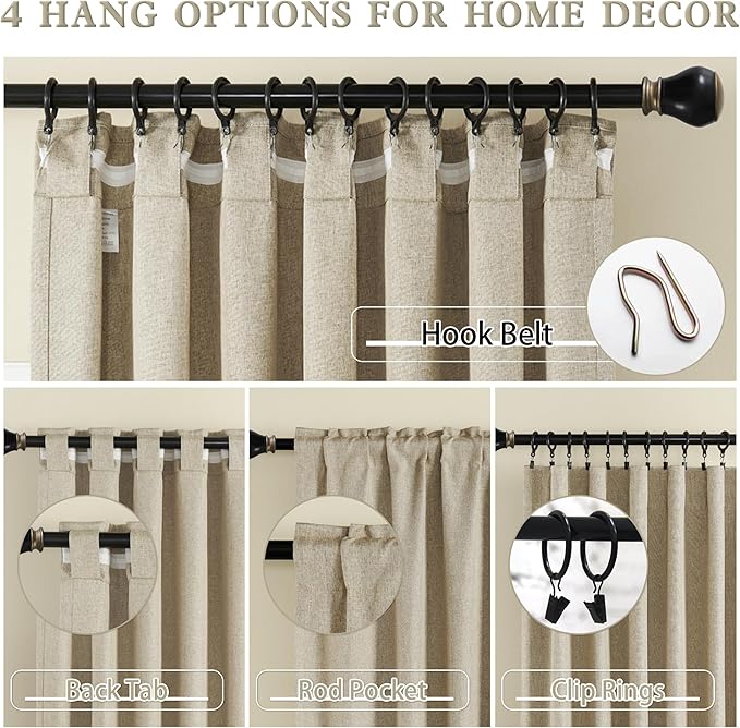 DUALIFE Taupe Linen Curtain 84 Inches Long for Bedroom/Living Room Thermal Insulated Sun Block Out Back Tab and Rod Pocket Dining Room Curtains Drapes 2 Panels - Taupe Tan,W50 x L84
