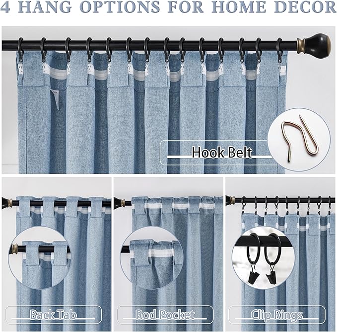 DUALIFE 100% Blackout Curtains 120 Inch Long 10 FT for Large Windows,Pinch Pleated Back Tab Linen Light Blocking Privacy Protect for Dining Room Offices 2 Panels Slate Stone Blue 50x120 Inches