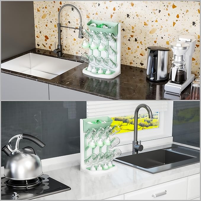 Yieach Larger Vertical Space Saving Drying Rack Baby Bottle for Countertop or Wall- BPA Free - Compact Glass Baby Bottle Rack Dryer & Holder and Storage Station for Pacifiers,Pump Accessories,Green