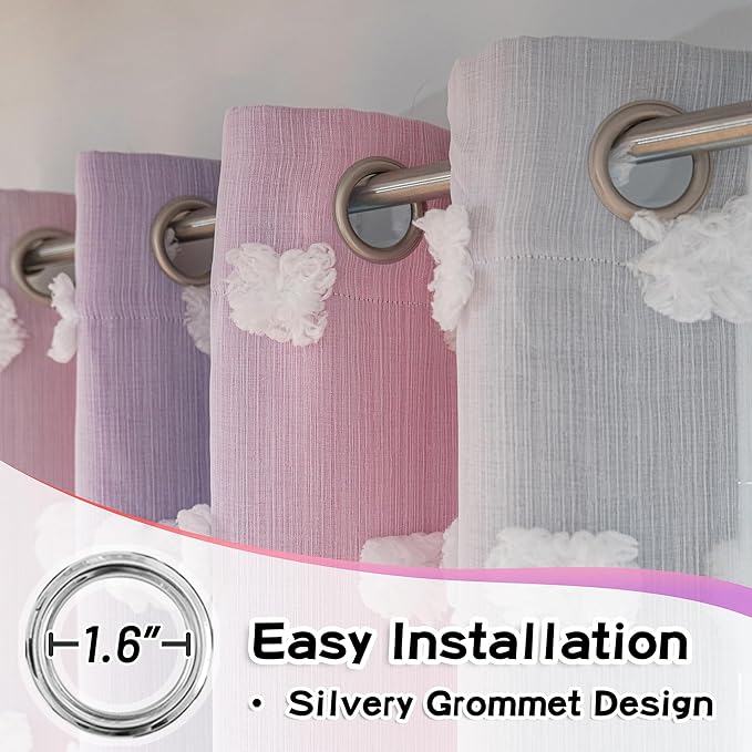 MYSKY HOME Nursery Curtains for Girls Room - Pink & Purple, 90 Inch Long, White Pom Pom, Sheer, Double Layer, Room Darkening, 52 x 90 in
