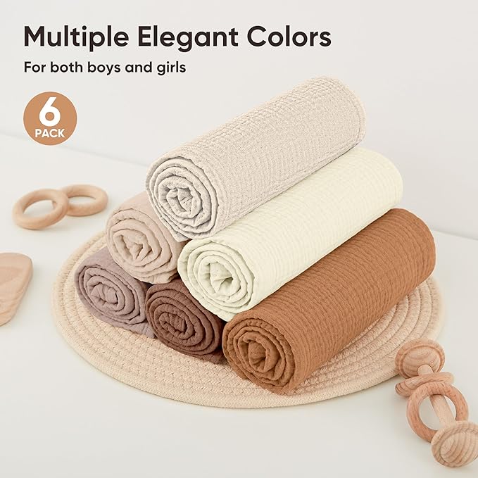 Bearmoss 100% Cotton Muslin Burp Cloths, 6 Pack Absorbent Large Baby Burping Cloths for Boy, Girl, 23.6" X 23.6" Newborn Essentials (Brown)