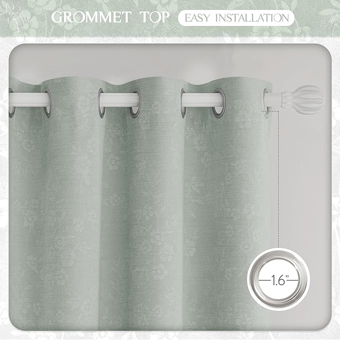 Beauoop Green Floral Jacquard Blackout Curtains 84 Inches Long 2 Panels for Living Room Bedroom Chenille Flower Room Darkening Thermal Insulated Soundproof Grommet Window Drapes, 52x84 Set of 2