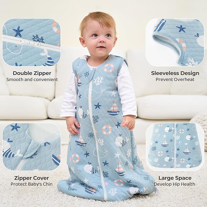 FIEMOL Baby Sleep Sack 0-6 Months 2.5 TOG, Winter Cotton Sleepsack Newborn and Infant, Warm Quilted Baby Wearable Blanket, Baby Sleeping Bag with 2-Way Zipper Blue Sea