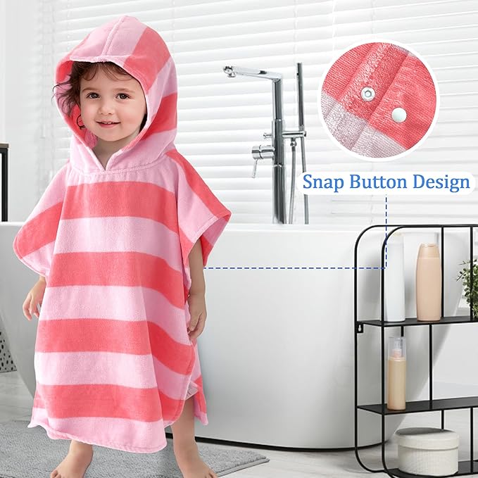 VOOVA & MOVAS Baby Towels with Hood, Oversized (2-4Years,22"X22") Made from 100% Soft Cotton,Absorbent Hooded Poncho Towel for Toddler Girls,Perfect for Pool | Swimming | Bath | Beach,Pink Bar Stripe