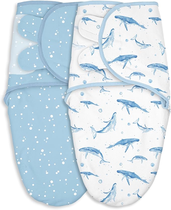 Baby Swaddles for Newborn Organic Cotton,Soft & Snug Newborn Velcro Swaddle 0-3 Months Sleep Sack Helps Calm Startle Reflex, 2-Pack Wrap Nursery Swaddling Blankets Whale