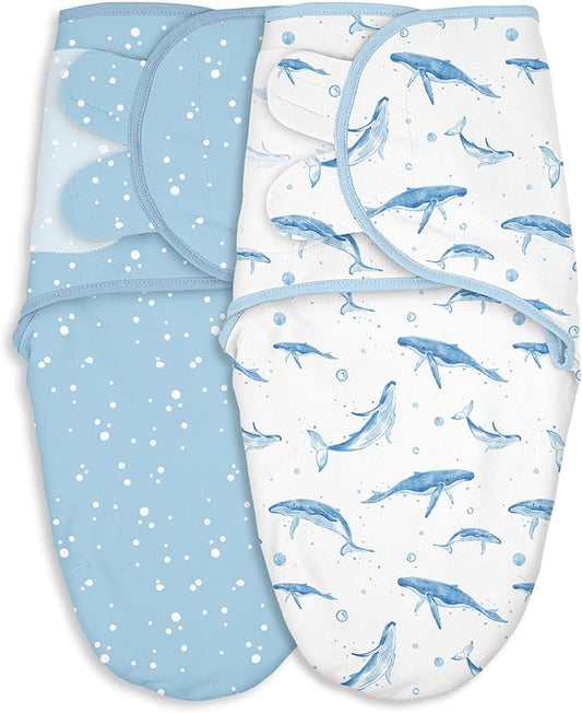 Baby Swaddles for Newborn Organic Cotton,Soft & Snug Newborn Velcro Swaddle 0-3 Months Sleep Sack Helps Calm Startle Reflex, 2-Pack Wrap Nursery Swaddling Blankets Whale