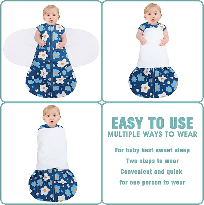 BSTOPPT Newborn Sleep Sack Baby Swaddle,3-Way Adjustable Wearable Blanket,100% Rayon Cotton Swaddling Sleeping Bag，TOG 0.5 (Gerbera & Tulips, 6-12 Months)