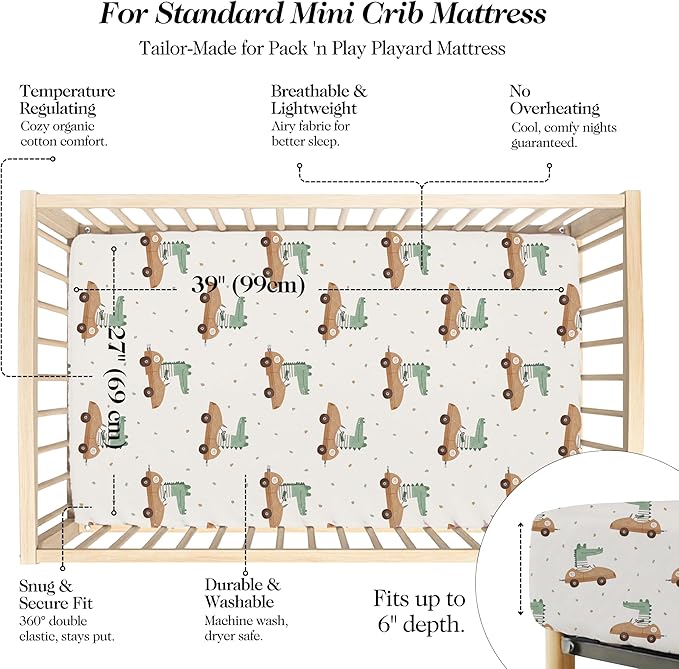 100% Organic Cotton Mini Crib Sheets (3-Pack) - GOTS Certified - Breathable Pack n Play Sheets Fitted - Double-Elastic for Secure Fit, Extra Protection for Your Baby - Gender-Neutral Prints (27"x39")