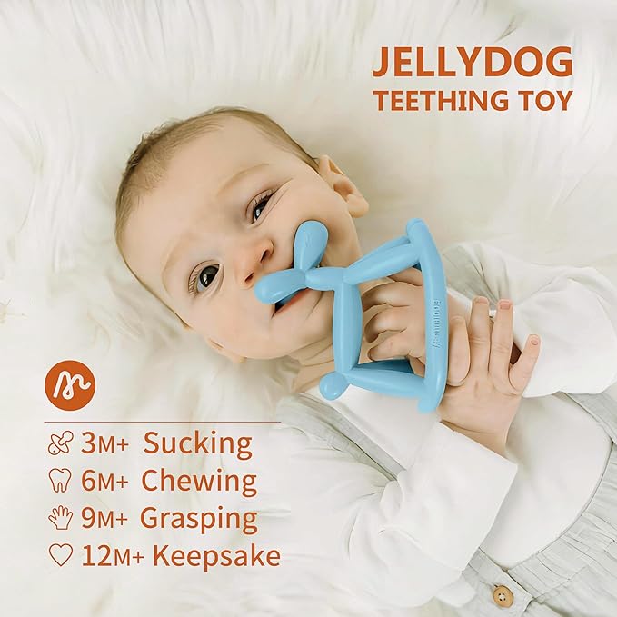Teething Toy for Baby 0-6, 12, 18 Months Infant, Jellydog Never Drop Food Grade Silicone Rocking Teether, Prevent Choking & Odorless, Less Dust and Hair Adhesion, Baby Gift, Mint Green