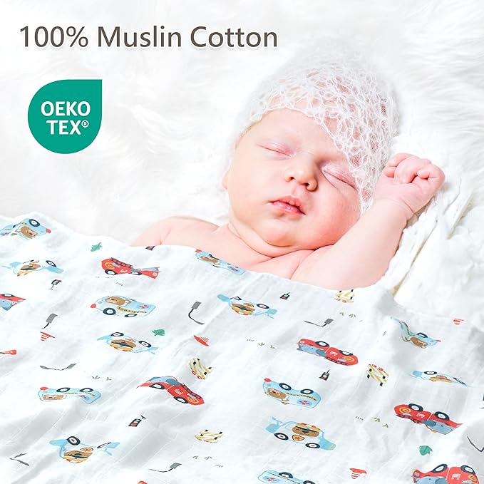2-Pack 100% Cotton Muslin Swaddle Blankets, Large 47 x 47 Inches — Breathable Soft Receiving Blankets for Newborns, Swaddling Wraps, Baby Essentials, Registry Gift (Little Car Duo)