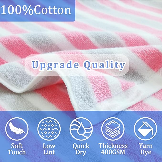 VOOVA & MOVAS Hooded Towels for Kids - 100% Cotton (3-10Years) - Quick Dry Absorbent Lightweight Wrap Towel for Pool | Swim | Beach | Bath, Girls, Pink Gray Stripe