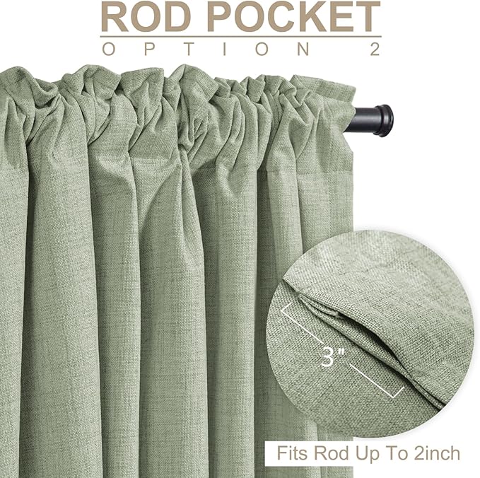 100% Blackout Shield Linen Blackout Curtains for Bedroom 90 Inches Long, Back Tab/Rod Pocket Living Room Drapes, Thermal Insulated Blackout Curtains 2 Panels Set, 50" W x 90" L,Sage Green