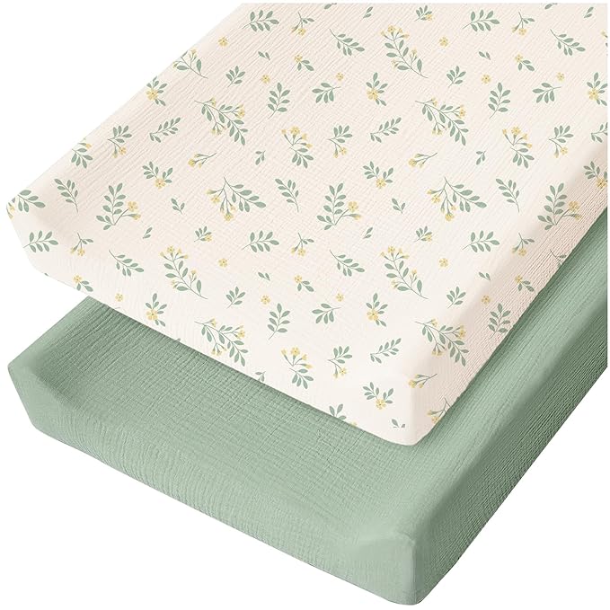 Konssy Muslin Changing Pad Cover for Baby Girls Boys, 100% Cotton Fitted Diaper Chang Table Covers, Soft Breathable Changing Pad Sheets, 2 Pack (Leafy,Green)