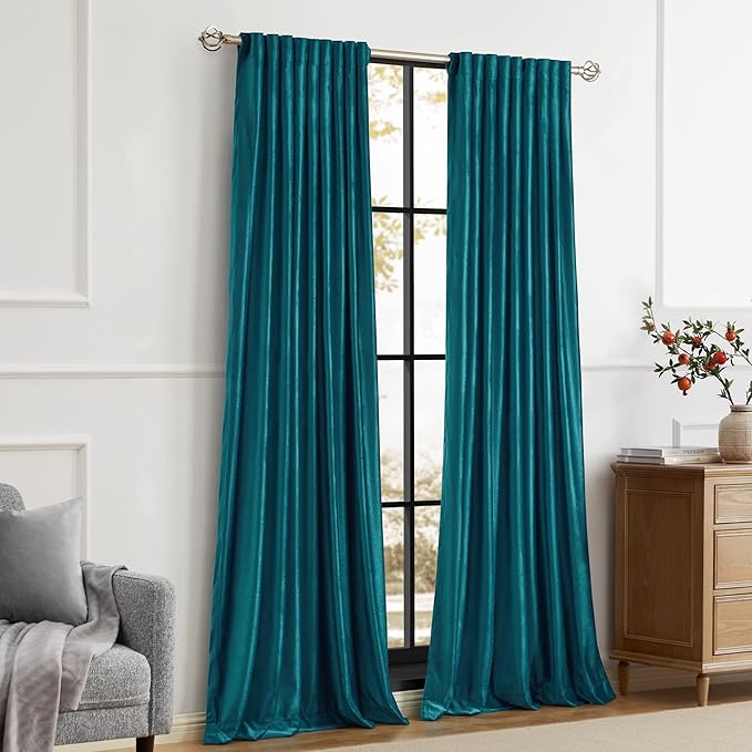 PRIMROSE Teal Velvet Curtains 63 inch Long for Living Room,Set of 2 Panels Blackout Rod Pocket Back Tab Window Treatment Room Darkening Heavy Decorative Curtains Drapes for Bedroom