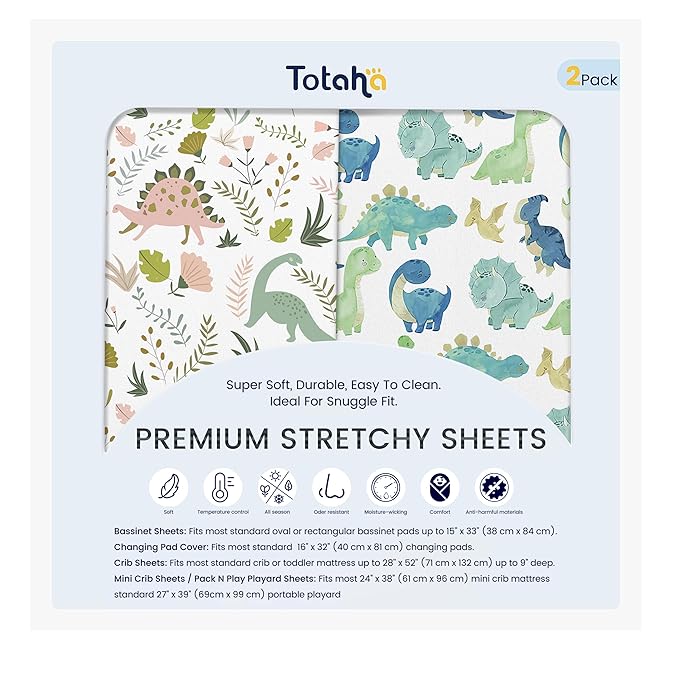 Premium Soft Dinosaur Bassinet Fitted Sheets, TotAha Stretchy Jersey Knit Bassinet Sheets for Baby Boy Girl, Ultra Breathable Bassinet Cover Universal for Oval, Rectangle Hourglass Bassinet Mattress