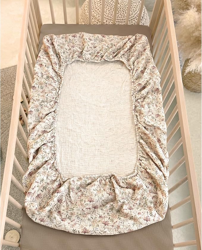 lulumoon Baby Crib Sheets Fitted: Soft Muslin Cotton Sheets for Standard Crib - Mocha Floral for Girls 2Pack