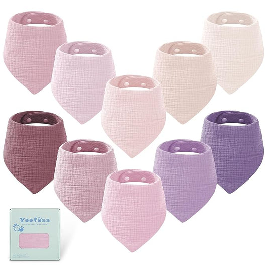 Yoofoss Muslin Baby Bibs 10 Pack 100% Organic Cotton 6-Layer Soft Absorbent Drool Bandana Baby Bibs for Drooling and Teething for Boys and Girls, Gradient Purple