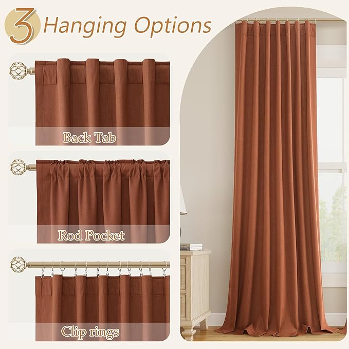 Guken Terracotta 100% Blackout Curtains 96 Inch Length 2 Panels Set Fall Curtains for Living Room Bedroom Back Tab Thermal Insulated Black Out Linen Drapes, 52x96