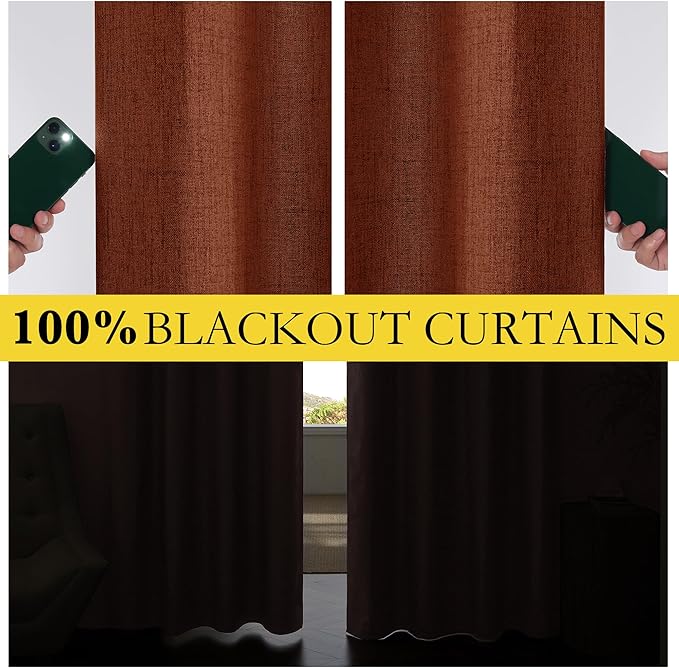 NICETOWN 100% Blackout Farmhouse Curtains 95" Length with Thermal Insulated Liners, Privacy Window Treatments Fall Home Decoration, Drapes for Cottage Living Room (2 Panels, 52" W, Burnt Orange)