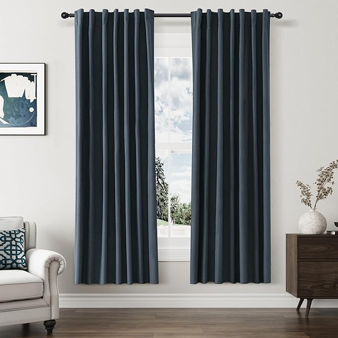 Guken 100% Blackout Linen Curtains 72 Inch Length 2 Panels Set for Living Room Bedroom Back Tab Thermal Insulated Black Out Linen Drapes Room Darkening Window Curtains,Vintage Blue