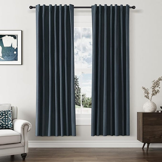 Guken 100% Blackout Linen Curtains 72 Inch Length 2 Panels Set for Living Room Bedroom Back Tab Thermal Insulated Black Out Linen Drapes Room Darkening Window Curtains,Vintage Blue