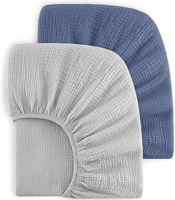 Bearmoss Muslin Crib Sheets 100% Cotton Baby Crib Sheets Fitted for Standard Crib Mattress & Toddler Bed Mattress 52"x28" Soft Breathable Crib Sheet Neutral for Boys Girls - 2 Pack (Blue Elephant)
