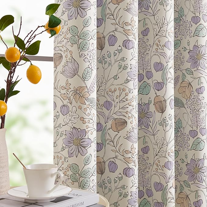 jinchan Nursery Curtains 95% Blackout Purple Floral Curtains for Girls Room, 96 Inch Length Farmhouse Drapes for Bedroom Living Room Darkening Window Treatment Grommet Top Set of 2 Panels