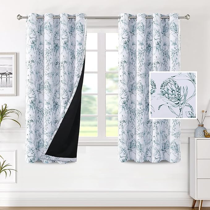 H.VERSAILTEX 100% Blackout Curtains for Living Room Camellia Floral Blackout Curtains 63 Inches Long Light Blocking Window Treatment Curtains with Black Liner Grommet Thermal Drapes, 2 Panels, Teal