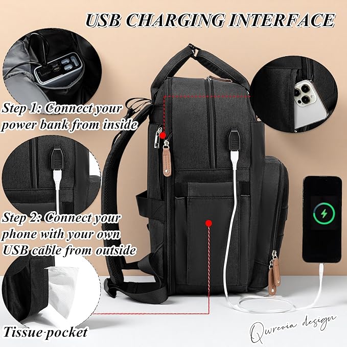 Expandable Diaper Bag Backpack for Dad and Mom – Large Capacity Baby Diaper Bag with Premium Leather, Changing Pad, Insulated Bottle Pockets, Stroller Straps, Laptop Sleeve – Black Travel Diaper Bag