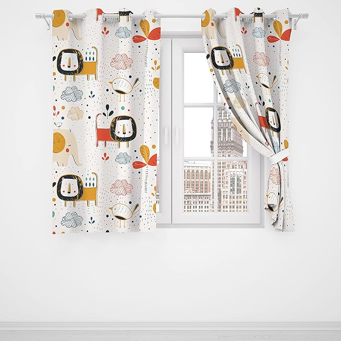 Kids Blackout Curtains,Basement Window Curtains Cartoon Cute Elephants Lions Birds and Tropical Plants Sun Shade Decorations Bedroom 52x84inch(132x213cm)