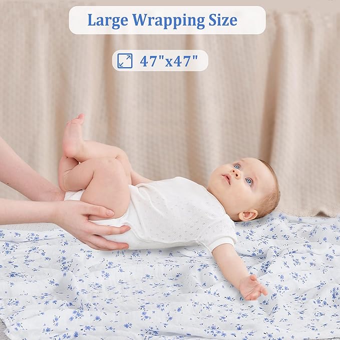 Viviland Muslin Swaddle Blanket, Baby Swaddle Blanket for Boys & Girls, Nursery Receiving Blanket for Newborn, Baby Swaddle Wrap Soft Silky & Breathable, 4 Packs, 47 X 47In, Blue Floral