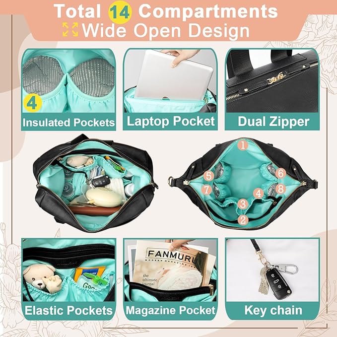 MOMINSIDE Diaper Bag Backpack, Convertible Hobo, Large Baby Bag with 14 Pockets, 6 Bottle Pouches, Wipes Pouch, Insulated Pockets (Black)