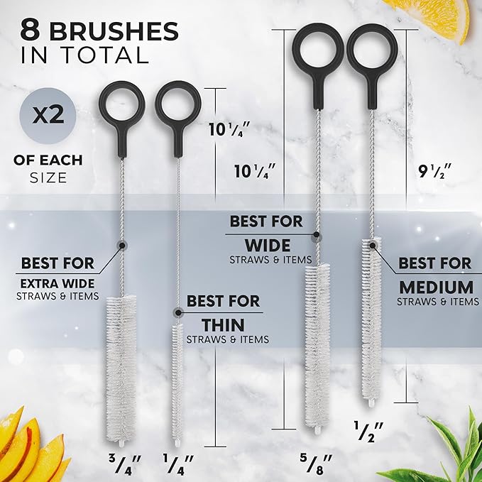 Buenalife Heavy Duty Cleaning Brushes Set of 8 - Extra Long Straw Cleaners for Metal and Plastic Reusable Drinking Straws, to Clean Small Spaces, Sippy Cups, Water Bottles - Sturdy Hard Brush Bristles