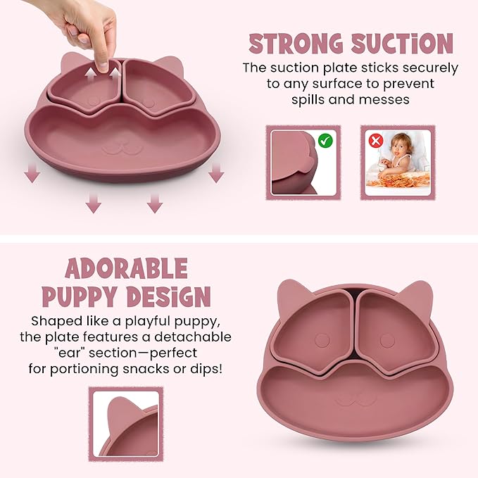 Baby Feeding Essentials, Baby Led Weaning Supplies, Silicone Baby Feeding Set, with Baby Spoon, Fork, Baby Bib, Sippy Cup, Suction Plate, Suction Bowl, Baby Eating Essentials, 6+ Months (Dark Pink)