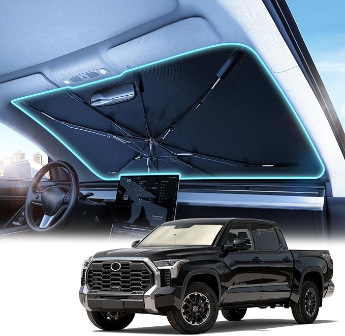 Windshield Sun Shade Umbrella for Toyota Tundra - [Vinyl Coating Heat Shield] Protect Car from Sun Rays & Heat Damage Keep Cool and Protect Interior for Toyota Tundra