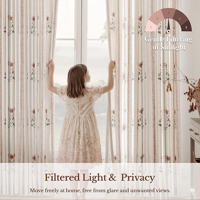 Pinch Pleated Nursery Curtains Luxury Pink Sheer Floral Curtains for Girls Room Bedroom Living Room - 108 Inch Length Modern Farmhouse Floral Printed Drapes with Hooks - 2 Panels Set